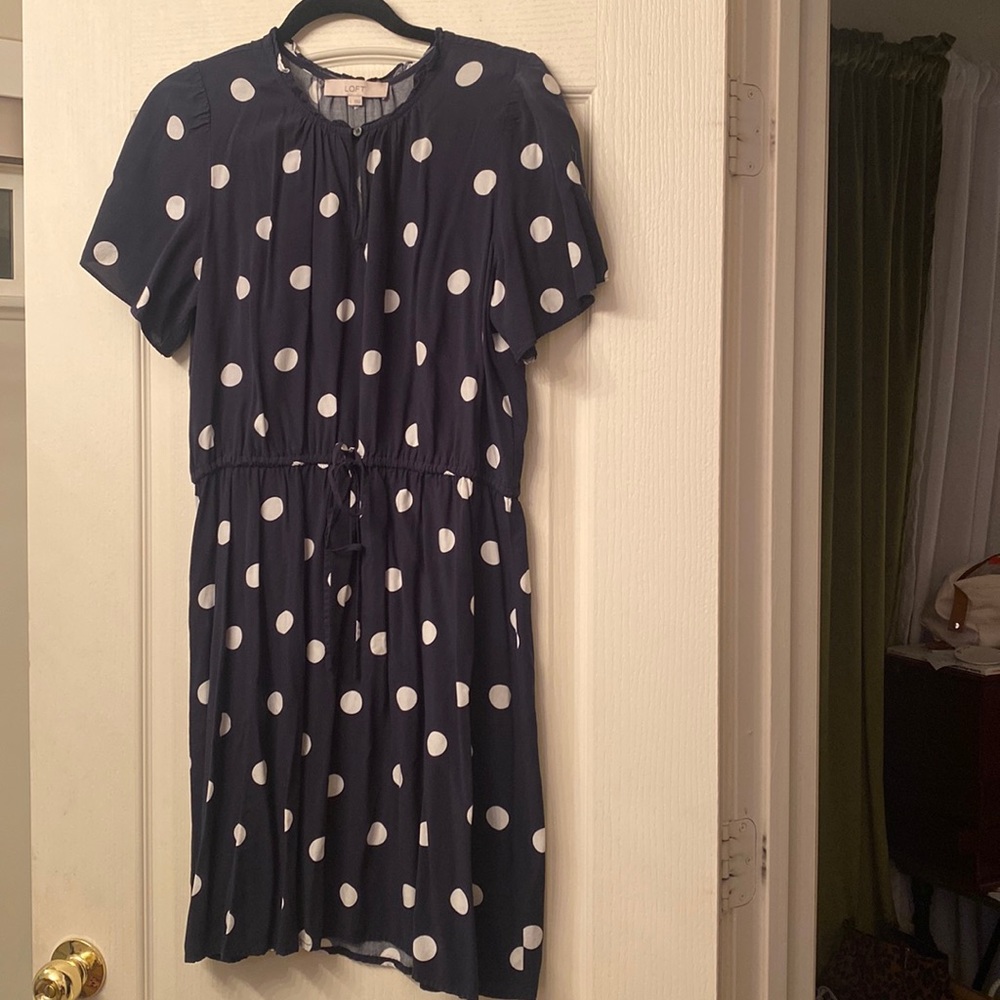 Navy and white polka dot dress